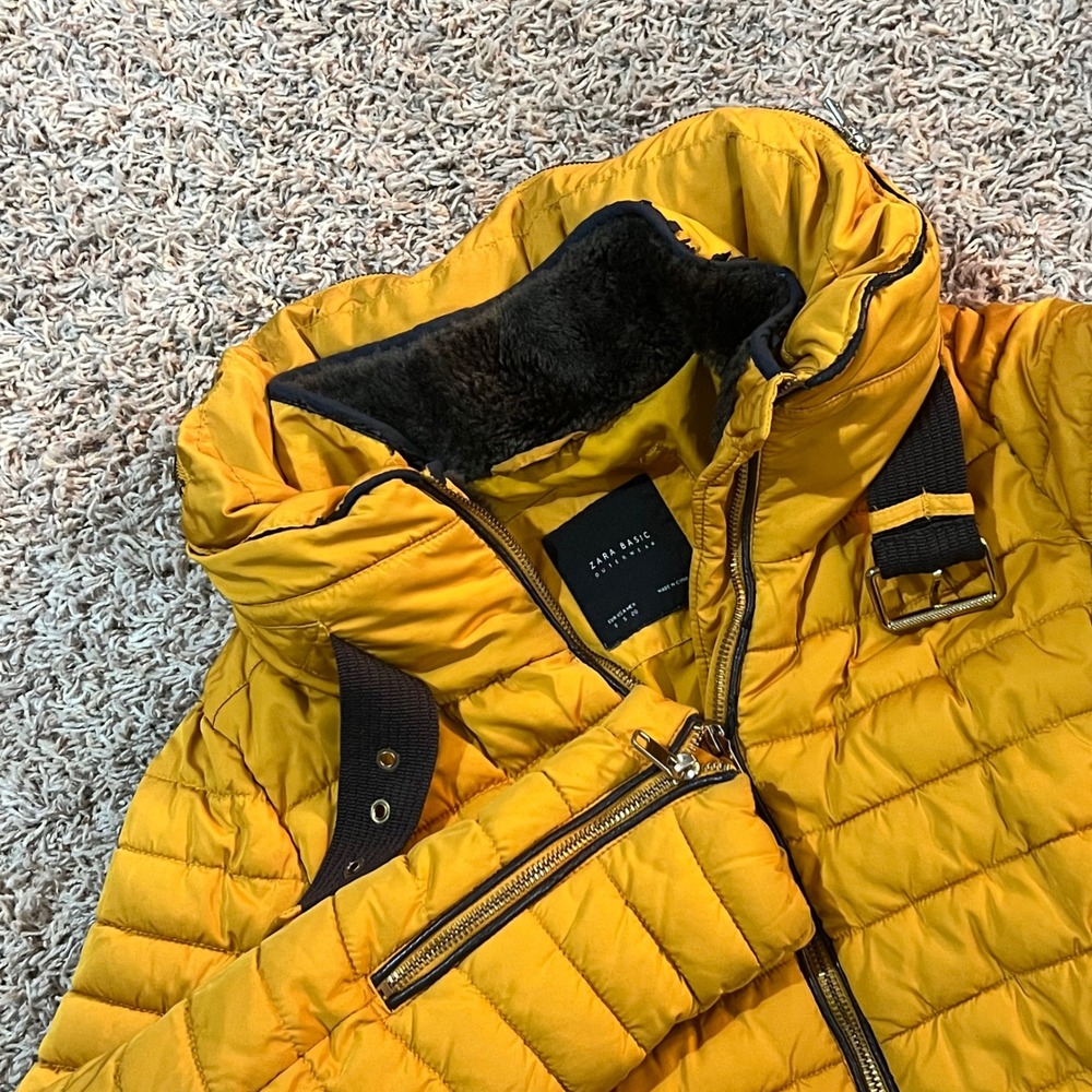 Zara Basic Puffer‎ Jacket Coat Mustard Yellow Faux Fur Lined Hood Women's S